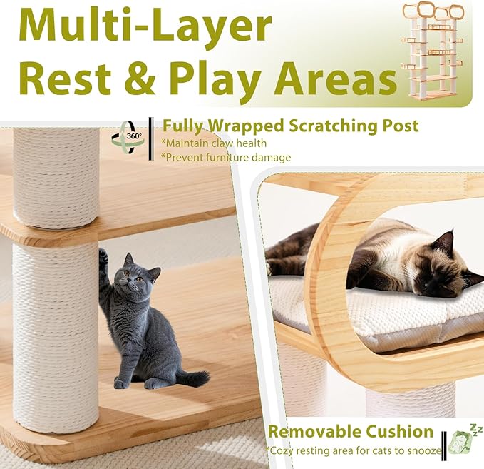 76.8'' Modern Cat Tree, Tall Cat Tower for Indoor Cats, Pine Wood Climb Tower with 2 Removable Mats, Heavy Duty Cat Furniture with Fully Wrapped Scratching Post, Huge Cat Condo for Multi-Cat Families-PawvioPets