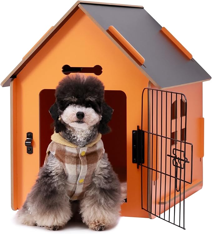 Dog House Indoor for Small Dogs or Cats, Cozy Wooden Design, Small Indoor Bed House, with Air Vents and Elevated Floor Warm Dog Cave (Orange)-PawvioPets
