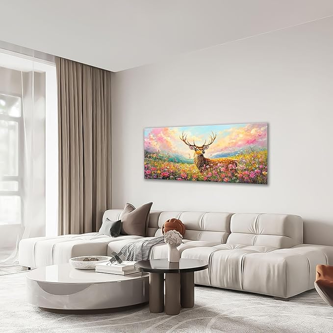 Deer Large Wall Art Wildflower Landscape Pictures Rustic Flowers Wall Decor Wild Animal Nature Canvas Print Painting Artwork for Bathroom Living Room Bedroom 30"x60"-PawvioPets