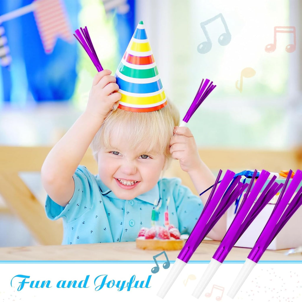 Noise Makers Party Horns, 24 Pack, Purple Metallic Glitter with Fringe, for Birthday, Wedding, New Year