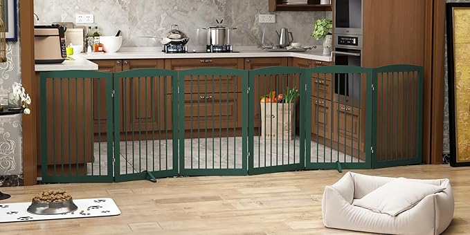 Freestanding Pet Gate for Dogs, Foldable Wooden Dog Gate for House, Extra Wide Indoor Pet Barrier for Stair, Doorway, Hall, Support Feet Included, 120 Inch Wide, 6 Panels 24",Green-PawvioPets