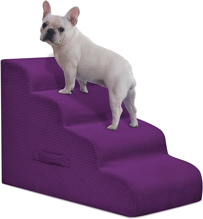 Dog Steps for Small Dogs, 4-Step Dog Ramp and Stairs for High Beds and Sofa, Non-Slip Pet Stairs Removable and Easy to Clean Cover, Purple-PawvioPets