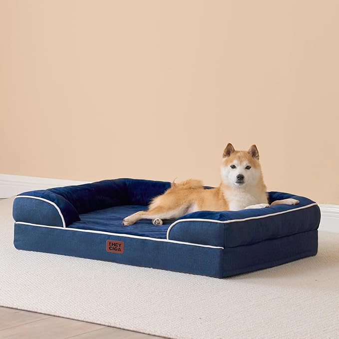EHEYCIGA Orthopedic Dog Beds for Large Dogs, Waterproof Memory Foam Large Pet Bed with Sides, Non-Slip Bottom and Egg-Crate Foam Dog Couch Bed with Washable Removable Cover, Navy-PawvioPets