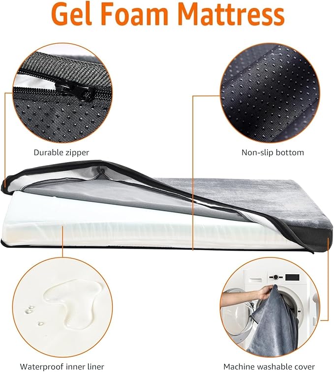 Amazon Basics Dog Bed with Cooling Gel Memory Foam, Pressure-Relief Support for Dogs up to 90lbs, Non-Slip Bottom, Machine Washable Cover, Extra Large Sized (41" x 29"), Grey-PawvioPets