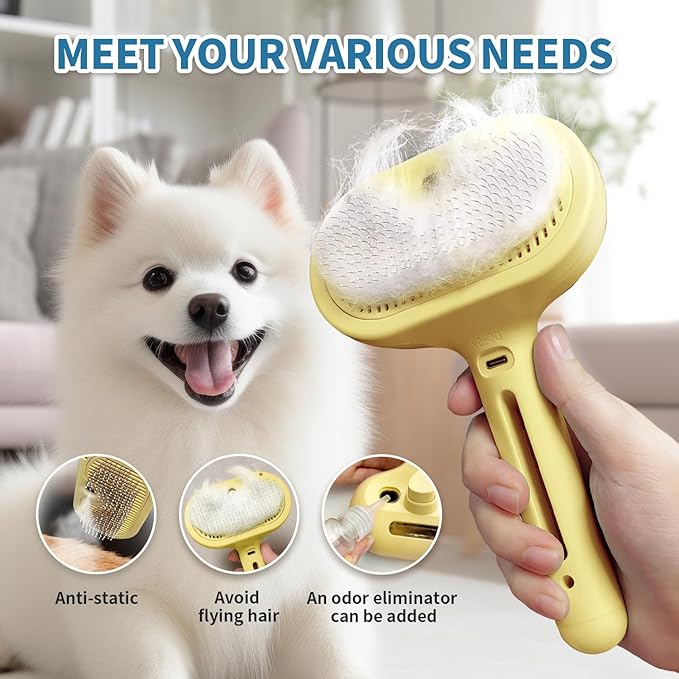 3 In 1 Self-Cleaning Steamy Brush for Pet Grooming - Anti-Static Flying Hair Spray, Removes Loose Hair and Reduces Shedding for Long and Short Fur, Yellow-PawvioPets