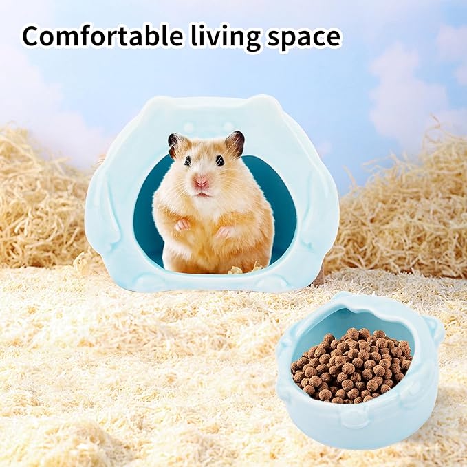 Bear-Shaped Hamster Hideout & Food Bowl Set - Ceramic Habitat for Syrian Dwarf Hamsters, Mice, Gerbils - All-Season Use, Chew-Proof Ceramic House and Feeding Dish for Small Pets(Blue)-PawvioPets