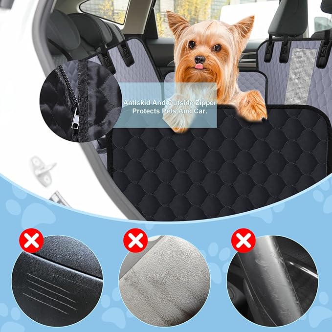 Dog Car Seat Cover for Back Seat, Waterproof Protector with Side Flaps, Scratchproof Hammock, Non-Slip Bottom for Cars/Trucks/SUVs (Grey02)-PawvioPets