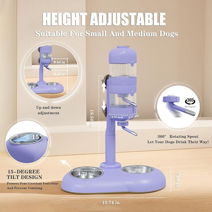 Dog Bowls with Puppy Weaning Bottles,3 in 1 Bowl Set with Water Dispenser and 2 Food Grade Stainless Steel Dog Bowls,15°Tilted Cat Food and Water Bowl Set for Cats,Bunnies,Ferrets-PawvioPets