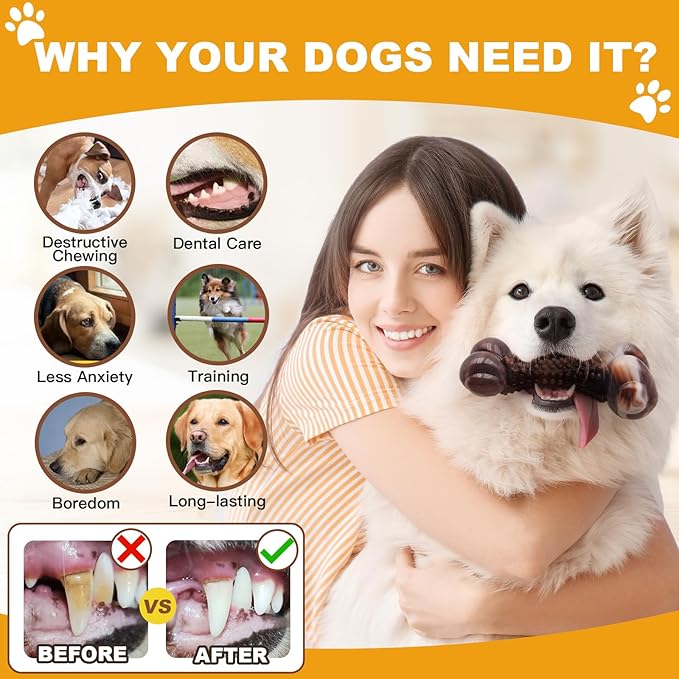 Dog Chew Toys for Aggressive Chewers, Tough Chew Toys for Dogs Large Small Medium, Indestructible Dog Bone Toy For Chewer, Durable Nylon for Puppy Dogs Teething Toy to Keep Them Busy,Beef Flavor Gift-PawvioPets