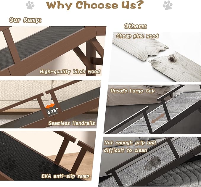 61" Dog Ramp for Bed, Pet Ramp with Removable Side Rail and Non-Slip Surface, Pet Ramp for Small & Large & Senior Dogs with Rest Platform and DIY Glow Strips,Dog Stairs for Couch, Brown-PawvioPets