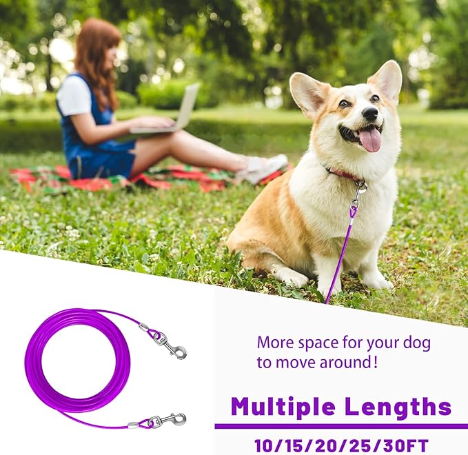 Dog Tie Out Cable 10/15/20/25/30 FT Runner for Yard Steel Wire Cable with Durable Superior Clips Purple Chains for Outside Dog Lead for Large Up to 165 Lbs-PawvioPets