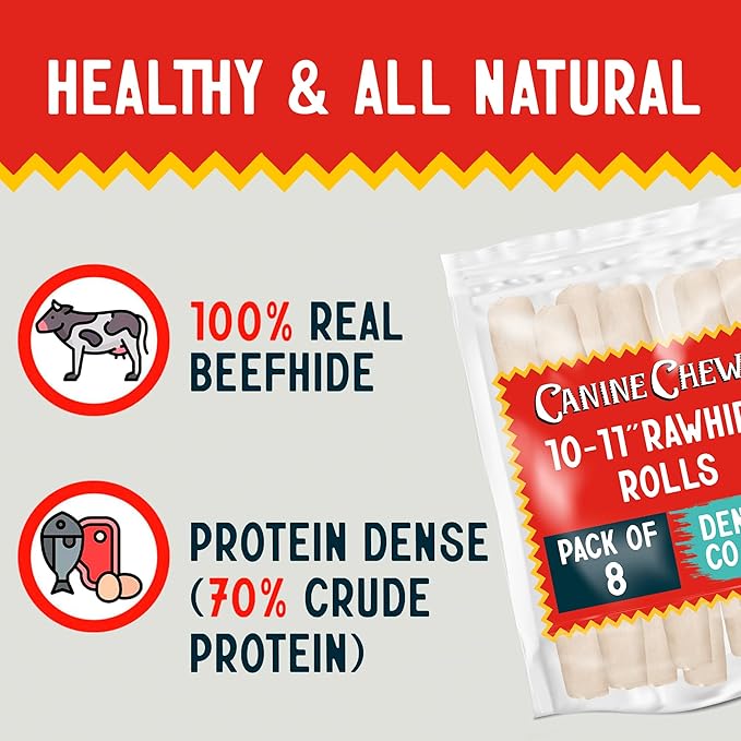 Canine Chews 10-11" Dental Coated Jumbo Rawhide Retriever Rolls (8 Pack) - Breath Freshening & Long Lasting Dental Chews for Dogs Large Size - Teeth Cleaning Dog Treats for Aggressive Chewers-PawvioPets