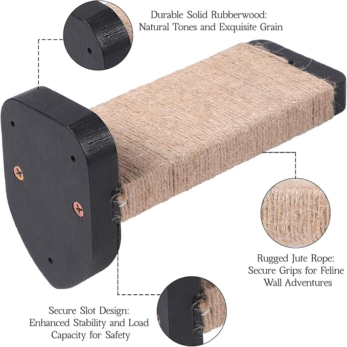 3-in-1 Cat Wall Steps - Climbing Wall Furniture & Shelves with Hemp Rope, Solid Wood Cat Ladder (Standard-Black)-PawvioPets