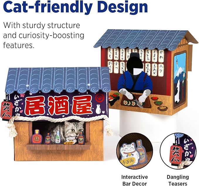 Cat Beds for Indoor Cats, Cardboard Cat House with Scratchers, Izakaya Bar, Large Sturdy Cat Furniture Condo Cave Tent, Easy to Assemble Pet Toys Accessories Stuffs, Bunny Small Animals-PawvioPets