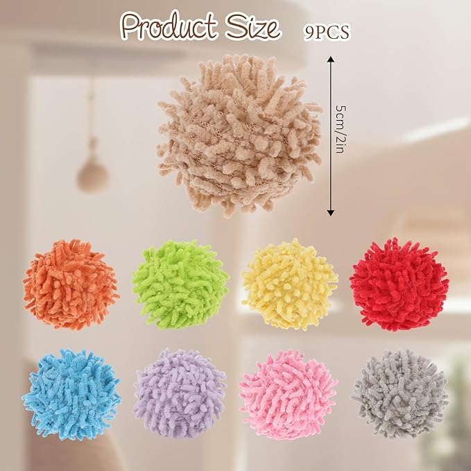 9Pcs Cat Pom Pom Balls, Cats Ball Toys with Bells, 2 inches Soft Cat Balls Toy for Indoor, Assorted Color Yarn Puffs Ball for Cats, Kitten Chasing Toys for Kitty, Pet Interactive Play(Multi-Color)-PawvioPets