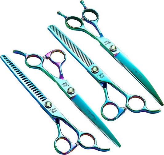 Fenice Peak Green Dog Grooming Scissors Set Straight Thinning Curved and Chunker Shears 4PCS Kit with Simulated Emerald Screw 440C Trimming Shears Durable and Sharp-PawvioPets