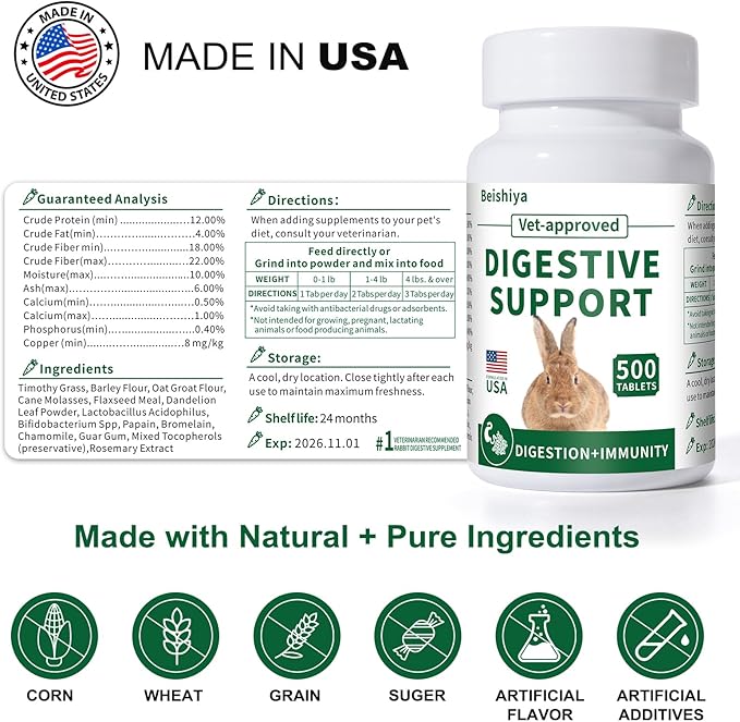 500 Tablets, Digestive Support Rabbit, Support GI Stasis, Bloat, Constipation, and Diarrhea, Strengthens Immune System, Premium Formula with High Fiber, Vitamins and Probiotics, Non-GMO-PawvioPets