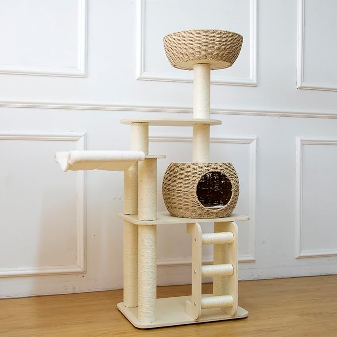 54 Inch Cat Tree for Indoor Cats, Tall Wooden Cat Tower with Scratching Posts, Rattan Condo and Perch, Multi-Level Cat Climber, Stylish Pet Furniture-PawvioPets