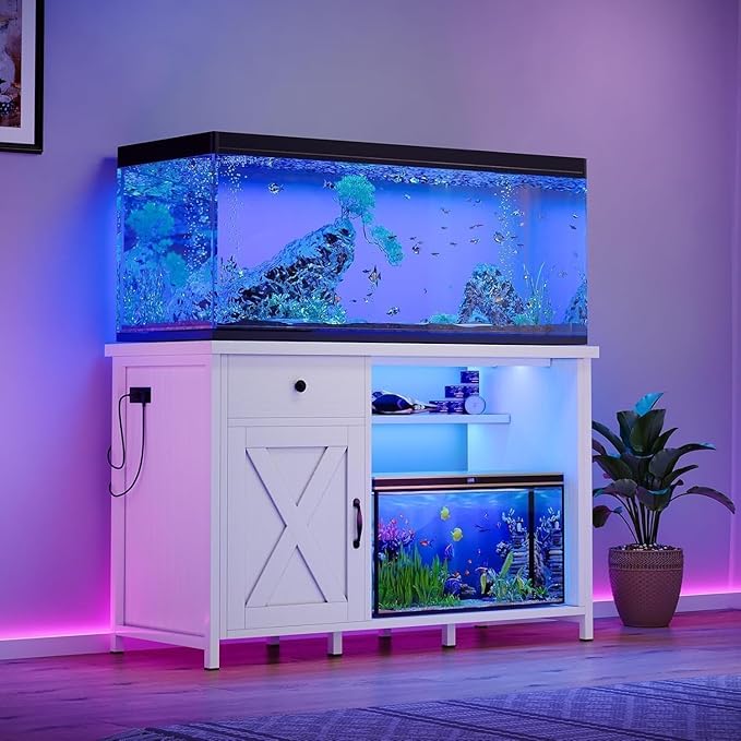 55 Gallon Fish Tank Stand with LED Light & Power Outlets, 55-75 Gallon Aquarium Stand with Drawer & Barn Door, 50" L x 20" W Cabinet for 2 Fish Tank Accessories Storage, Turtle Tank, Antique White-PawvioPets