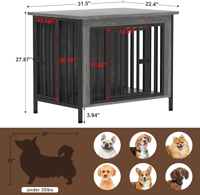 EasyCom 31.5" Small Dog Crate Furniture, Chew-Resistant Dog Crates for Small and Medium Dogs, Dog Kennel Furniture Indoor with 2 Doors and 3.94" Raised Feet, as TV Stand, End Table, Crate Table-PawvioPets