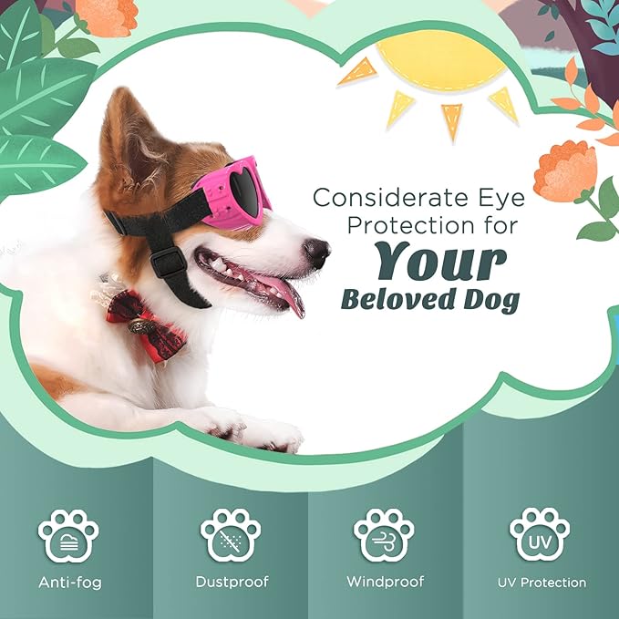 2 Pack Small Dog Sunglasses UV Protection Goggles Eye Wear Protection with Adjustable Strap Doggy Heart Shape Anti-Fog Sunglasses for Pet Dogs Sun Glasses Doggie Windproof Glasses, Pink-PawvioPets