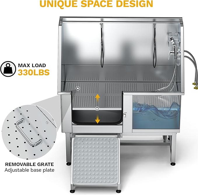DWVO Professional Pet Dog Bathing Station for Grooming, 50'' Dog Grooming Bathtub with Left Ramp, Floor Grate, Faucet, Showerhead & Soap Holder for Large, Medium & Small Pets-PawvioPets