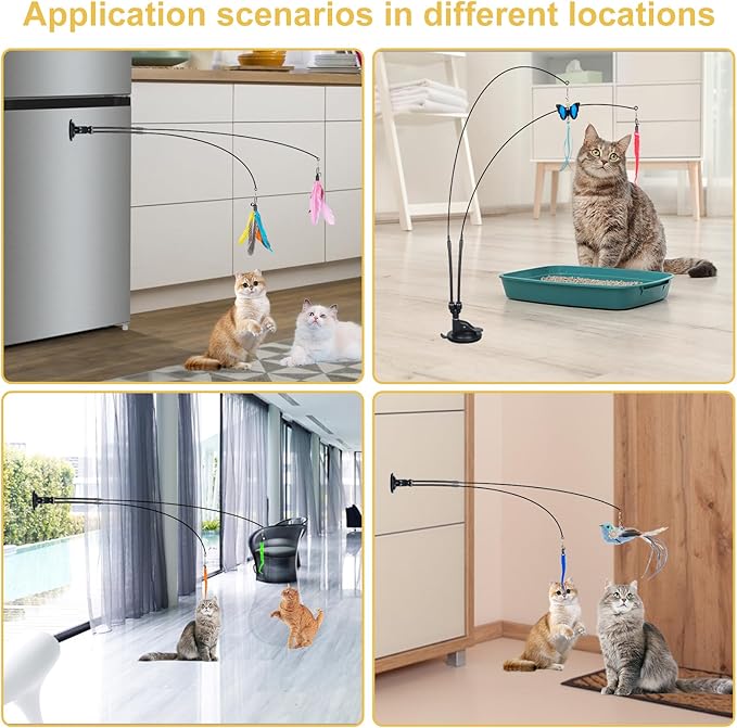 Cat Feather Toys, 14PCS With 2 Slots Super Suction Cup, Detachable 2PCS Wand & 11PCS Replacement Teaser Refills With Bell, Interactive Toy for Indoor Cats Kitten Play Exercise-PawvioPets