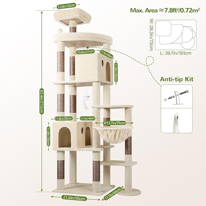 Globlazer Giant Cat Tree, 83 inch Cat Tree for Indoor Cats Large Adult, XXL Cat Tower with 9 Scratching Posts for 20lb+ Heavy Duty Large Adult Cats, F83, Beige-PawvioPets
