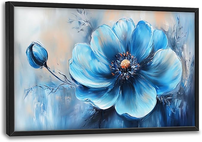 Extra Large Abstract Blue Flower Framed Wall Art for Living Room,Oversized Elegant Floral Pictures Wall Decor,Canvas Print Painting Modern Artwork Bedroom Office Bathroom 36L" x 24W"-PawvioPets