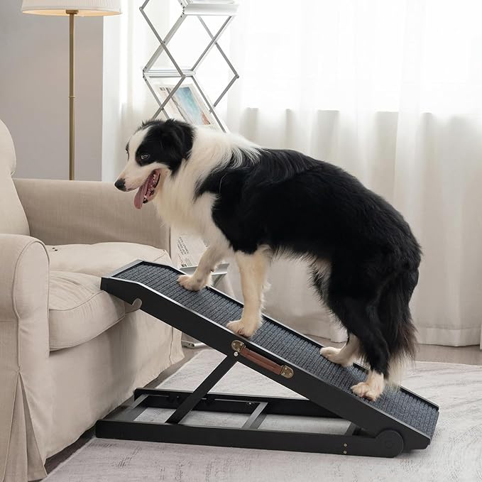 Dog Ramp for Bed Couch - Pet Steps Stairs to Get on Bed Couch 11.8"-19.6" High for Small or Large Dog Up to 200 lbs, Adjustable Wooden Dog Ramp Steps Foldable Portable, Anti-Slip Carpet (Black)-PawvioPets