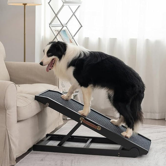 Dog Ramp for Bed Couch - Pet Steps Stairs to Get on Bed Couch 11.8"-19.6" High for Small or Large Dog Up to 200 lbs, Adjustable Wooden Dog Ramp Steps Foldable Portable, Anti-Slip Carpet (Black)-PawvioPets