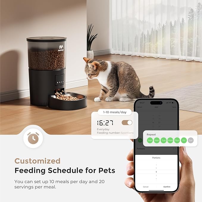 Automatic Cat Feeder, 5G WiFi Cat Food Dispenser with APP Remote Control, Pet Dry Food Smart Feeder, Programmable Timed Feeding, Dual Power Supply, 1-10 Meals Per Day, Stainless Steel Bowl-PawvioPets