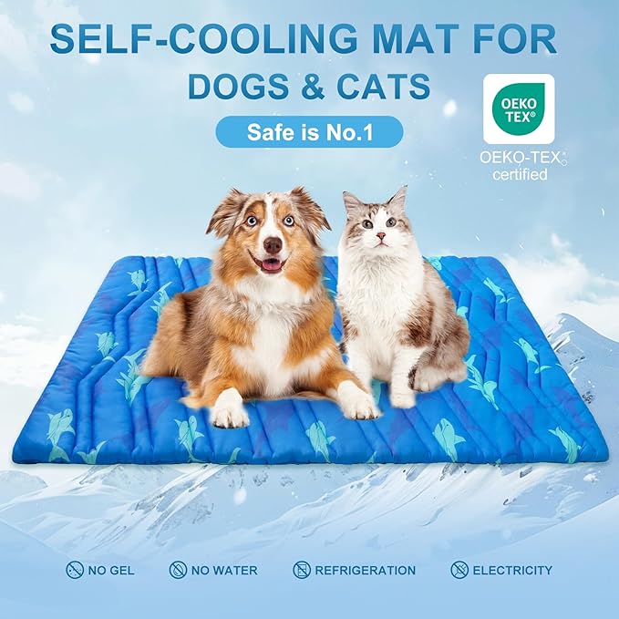 BEAUTYZOO Dog Cooling Mat- Upgraded Thicken Cooling Mat for Large Dogs Reversible(Cool & Warm) Pet Ice Cool Bed Washable & Portable, Summer Crate Pad for Big Dog Puppy Up to 80 lbs, Shark Blue 48X28IN-PawvioPets