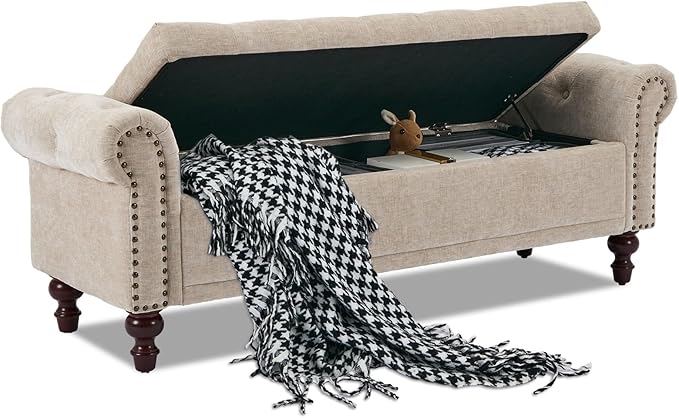 58.1'' Storage Bench Upholstered Chenille End of Bedroom Bed Bench Ottoman with Tufted Cushioned Rolled Arm Large Storage Space for Reading Living Room Entryway, Light Brown-PawvioPets