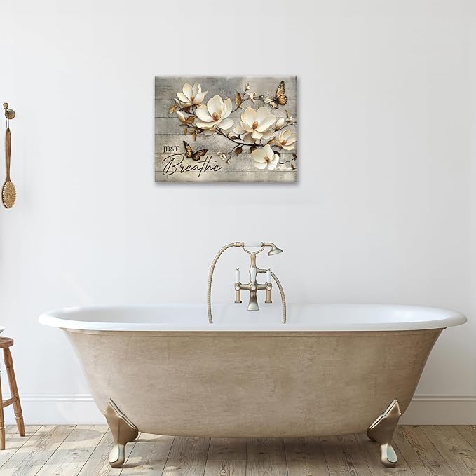Floral Magnolia Bathroom Pictures Wall Art, Just Breathe Bathroom Wall Decor, Flower Butterfly Framed Painting Canvas Artwork for Bedroom Living Room Decorations 16"L x 12"W-PawvioPets