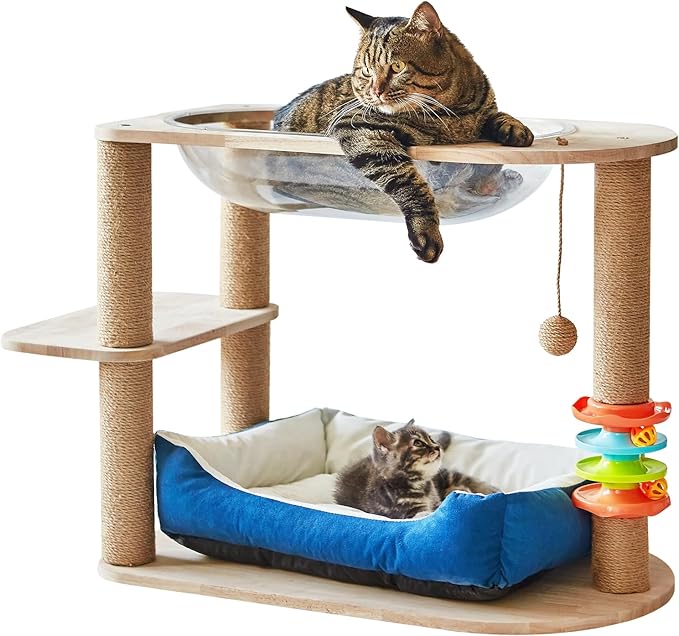 2 Tier Cat Tower,21.85 in cat Perch Wood cat condo with Hammock and Sisal Rope Scratcher Post Hanging Toy Balls for Indoor Large Cats Kittens (Blue)-PawvioPets