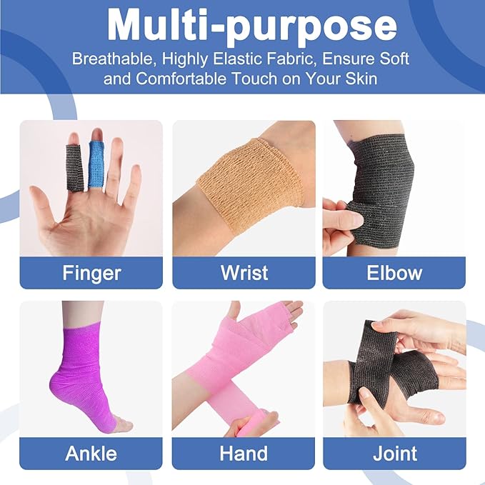 24 Pack 2 Inch x 5 Yards Self Adhesive Bandage Wrap, Elastic Cohesive Wrap 2 inch Vet Wrap Bandage Tape, Purple Grip Tape for Athletic, Sports, First Aid Medical, Wrist, Ankle Sprains-PawvioPets