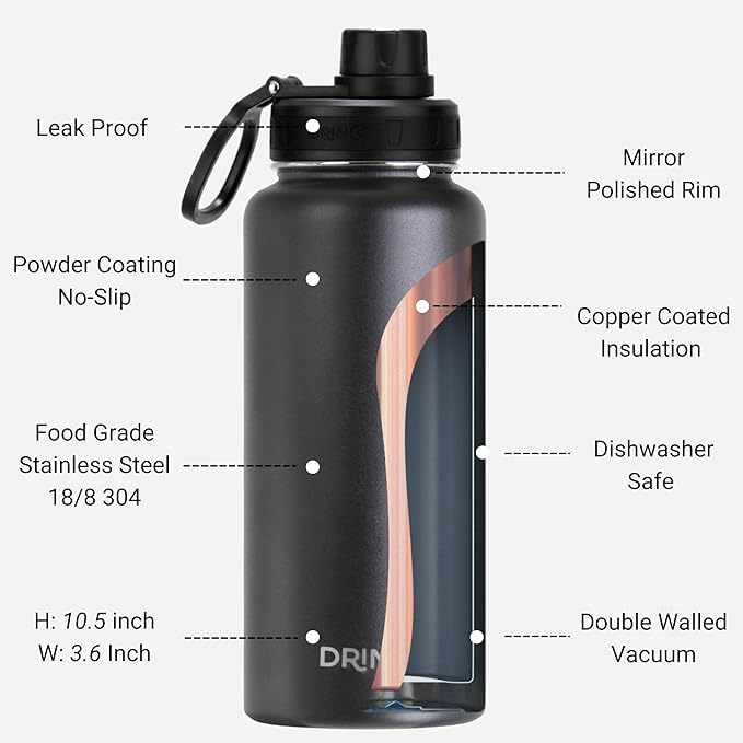 DRINCO Stainless Steel Water Bottle Spout Lid Vacuum Insulated Double Wall Water Bottle Wide Mouth (40oz 32oz 22oz 18oz 14oz) Leak Proof Keep Cold Sport Camping Hiking (32 oz, 32oz Black)-PawvioPets