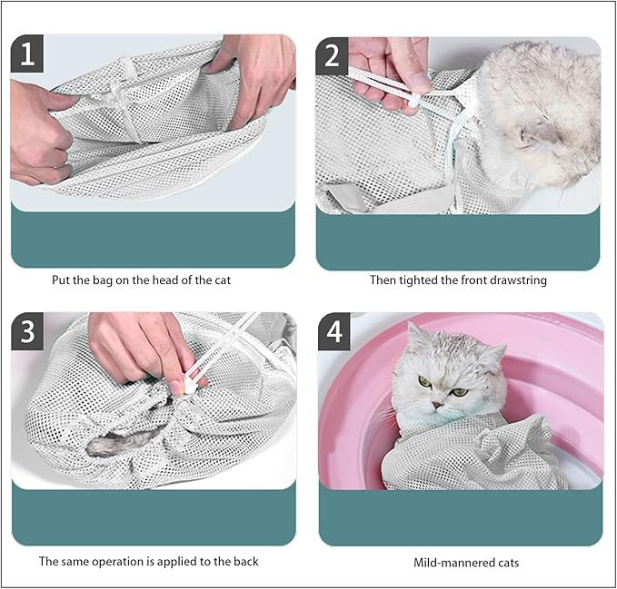 Anti-Scratch Silicone cat Shoes,Cat Claw Covers,Adjustable Multifunctional Anti-Bite Shower net Bag，Cat Grooming Mesh Bag,Cat Bathing Bag(Grey-2)-PawvioPets