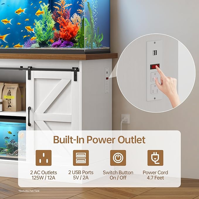 55-75 Gallon Fish Tank Stand with Sliding Barn Doors & Power Outlet, Heavy Duty Aquarium Stand with Cabinet Storage for Fish Tank, Turtle Tank, Reptile Terrarium, 1000LBS Capacity, White-PawvioPets