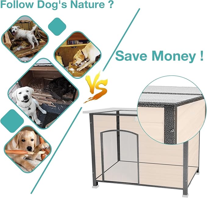 Feral Dog House Outdoor,Anti Bite Iron Frame Dog Kennel,Wood Warm Pets Home,Insulated Weatherproof Outside Shelter for Feral Animal (43.3" (L) x 29.4" (W) x 33.4" (H)-Brown-in)-PawvioPets