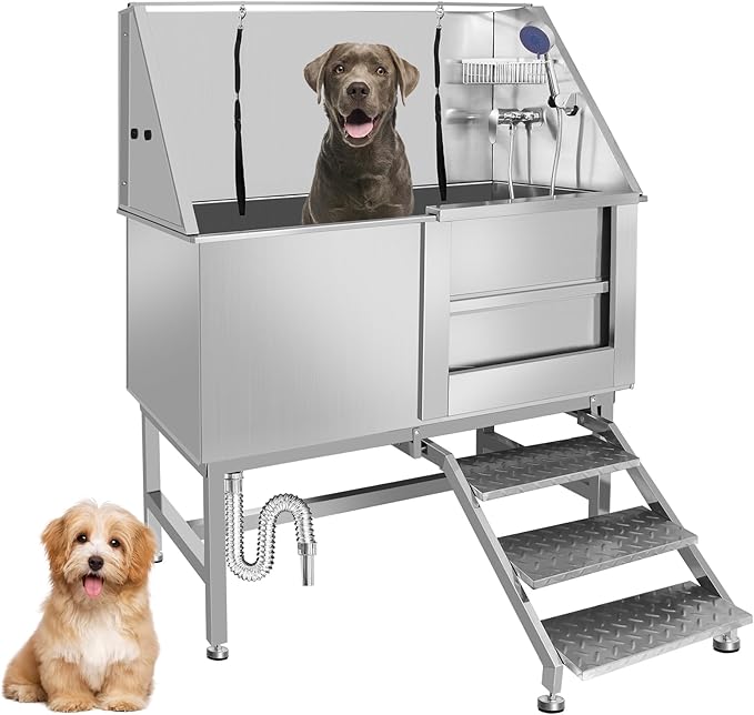 50" Dog Washing Station, Professional Stainless Steel Dog Bathing Station, Equipped/W Three Anti-Slip Steps, Removable Door, Upgraded Spray Nozzle&Hose - for Home, Pet Grooming Salon (50" Right ramp)-PawvioPets