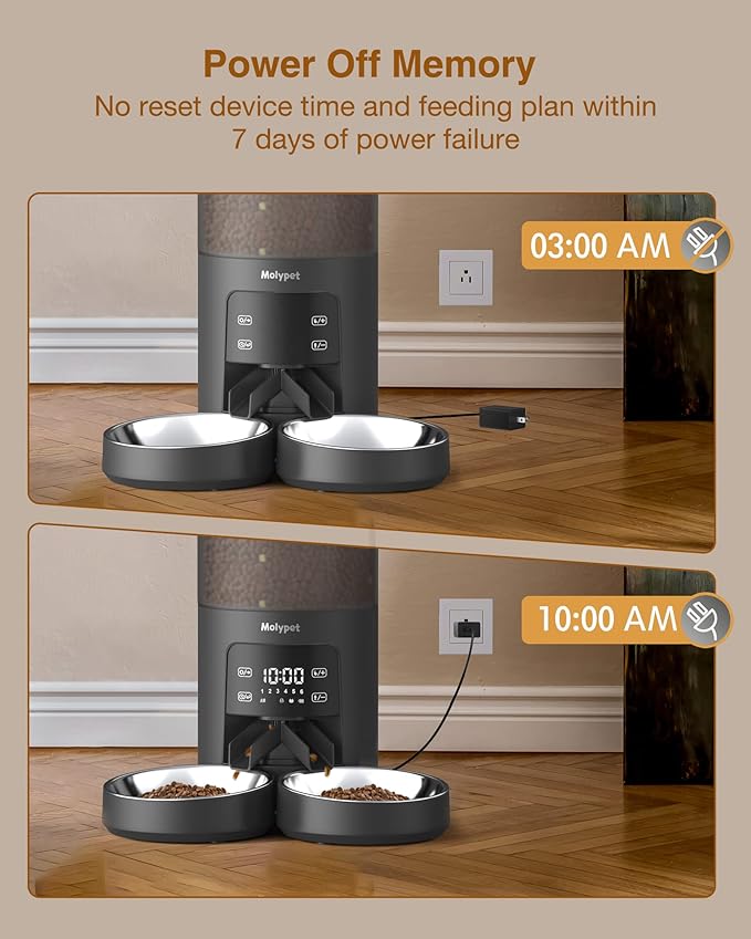 Automatic Cat Feeders - 6L Cat Food Dispenser with Double Bowls, Programmable Timed Feeder for Up to 6 Meals per Day with 10S Voice Recorder, Supports Dual Power Supply-PawvioPets
