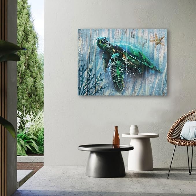 Arjun Bathroom Decor Blue Wall Art Canvas Green Sea Turtle Teal Submarine Picture, Blue Modern Landscape Painting Framed for Living Room Bedroom Home Office Wall Decor, 16"x12"-PawvioPets