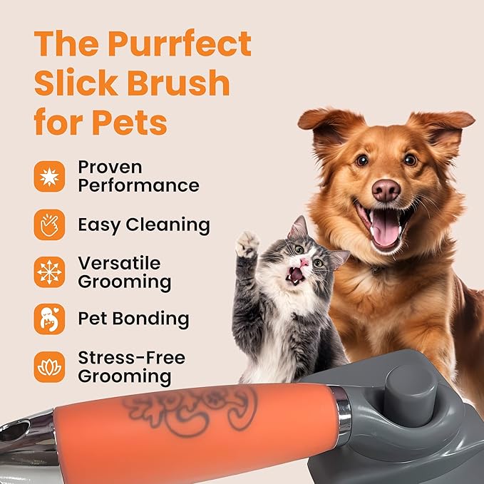 GoPets Self-Cleaning Slicker Brush for Dogs & Cats, Deshdding & Dematting Comb with Retractable Bristles for Easy Cleaning, Undercoat Grooming Tool, Non-Slip Handle, Detangler for Mats & Loose Pet Fur-PawvioPets