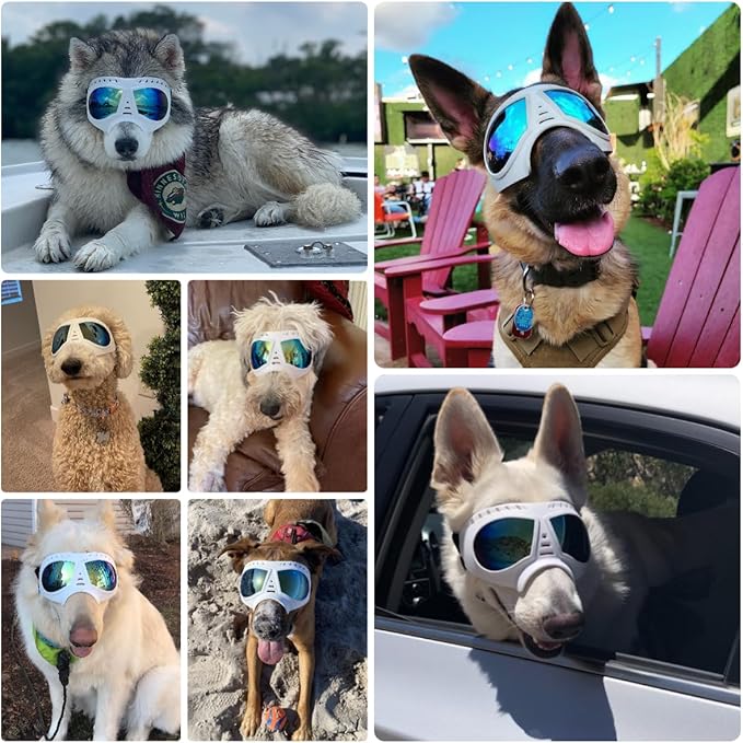 Dog Goggles for Medium-Large Breeds Windproof Anti-UV Pet Sunglasses with Adjustable Straps for Large Dog - White-PawvioPets