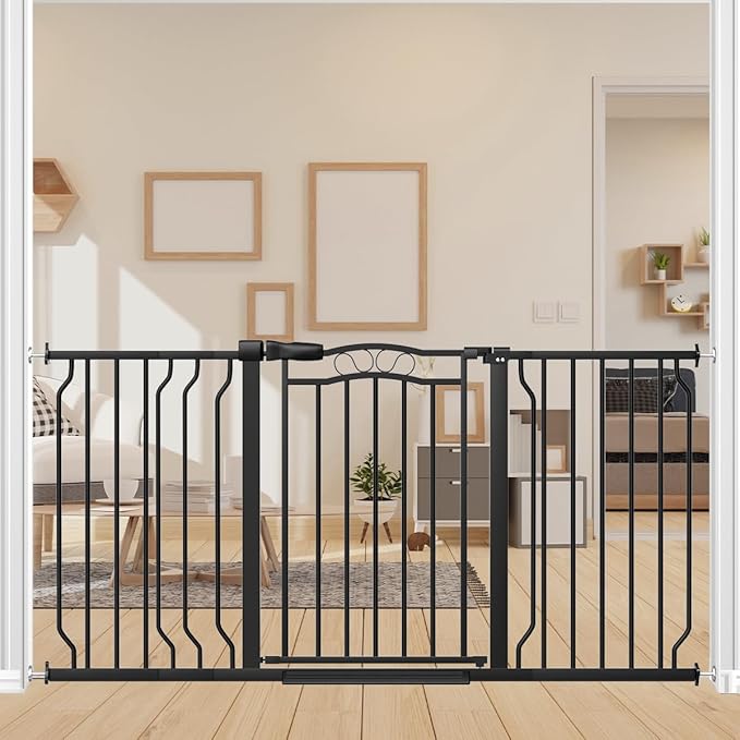 53.1-62.2" Extra Wide Baby Gate for Stairs No Drilling, 30" Tall Auto Close Press Mounted Baby Gate for Doorways, Adjustable Width Walk Through Dog Gates for Doorways, Black-PawvioPets