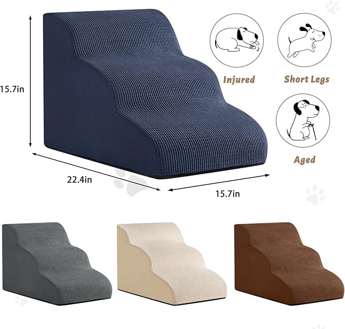 Dog Stairs and Steps for Beds Or Couches, 3-Step Pet Stairs & Steps for Small Dogs and Cats, Soft and Non-Slip Dog Ramp for Older Dogs,Pet with Joint Pain,Easy to Walk-PawvioPets