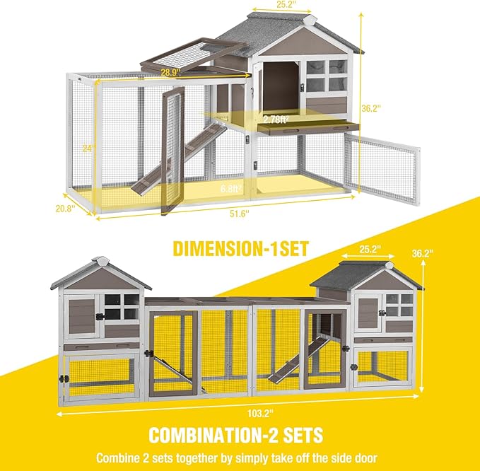 Aivituvin Rabbit Hutch Indoor Bunny Cage Outdoor with Run Chicken Coop Guinea Pig House with Waterproof Asphalt Roof,No Leakage Pull Out Tray-PawvioPets