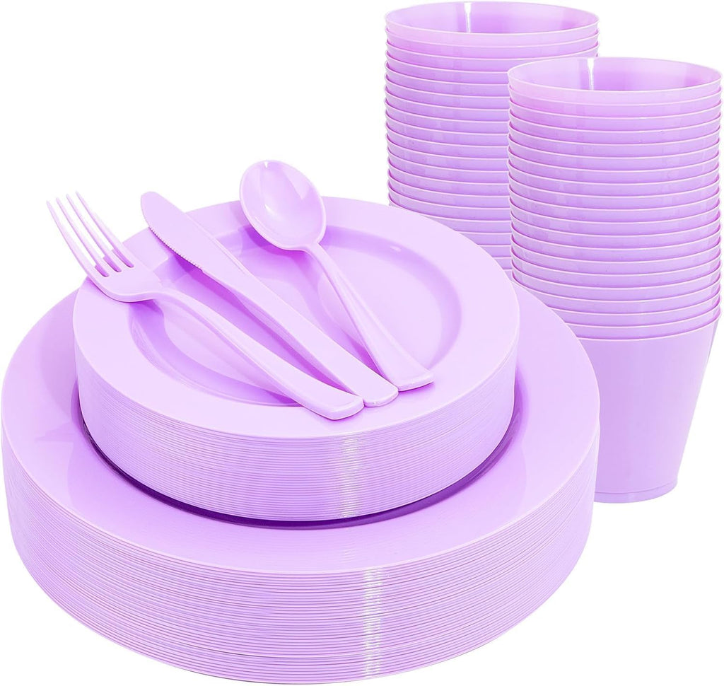 KIRE 150 PCS Purple Plastic Plates - Purple Dinnerware Set Disposable 25 Dinner & 25 Salad Plates 25Forks 25Knives 25Spoons 25Clear Cups for Birthday/Baby Shower
